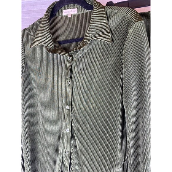 Say Anything 2pc Top Pants Sz M Olive Green Ribbed Long Sleeve Button Down Sheer - Picture 3 of 14